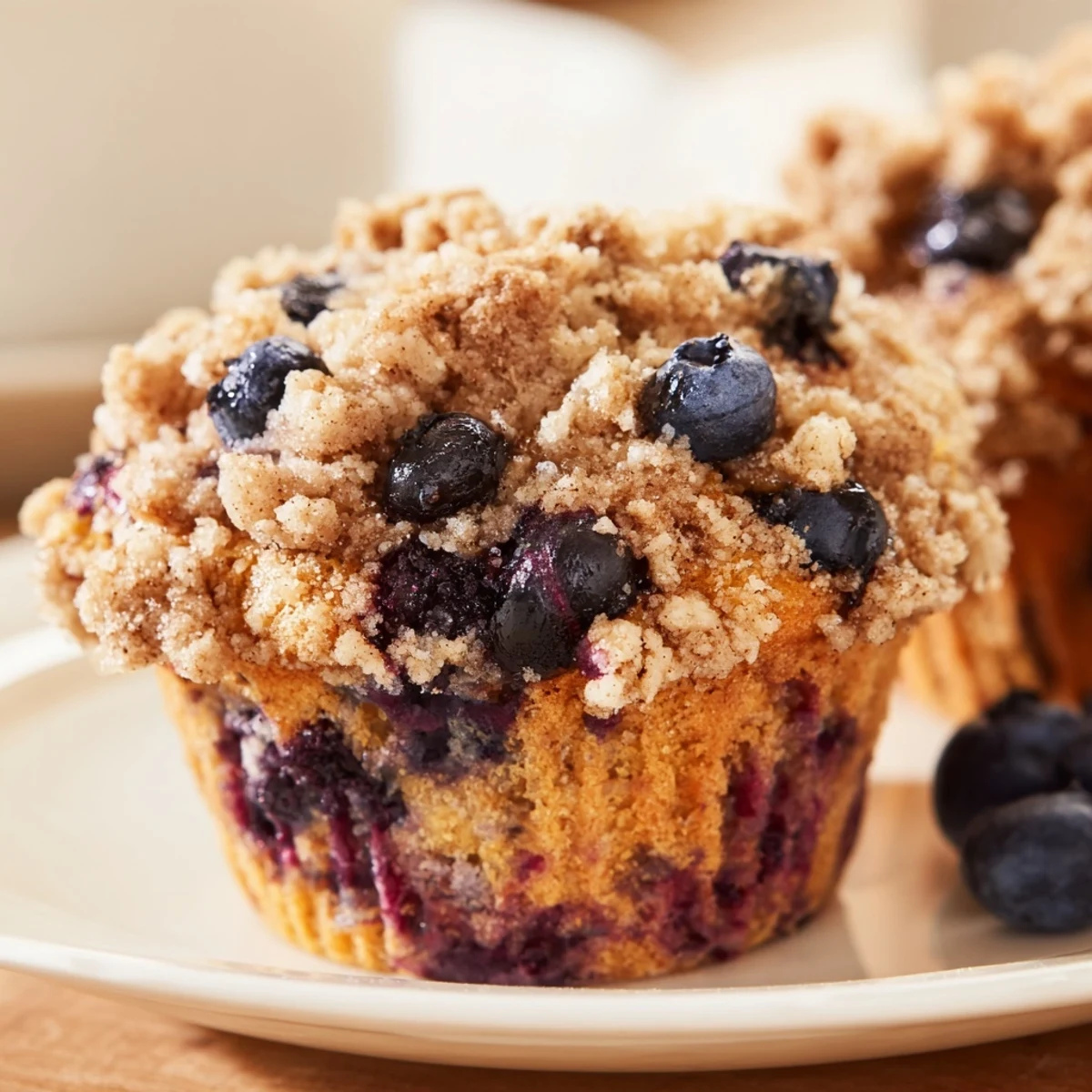 Golden-brown, freshly baked fluffy homemade blueberry muffins with a crunchy streusel topping.