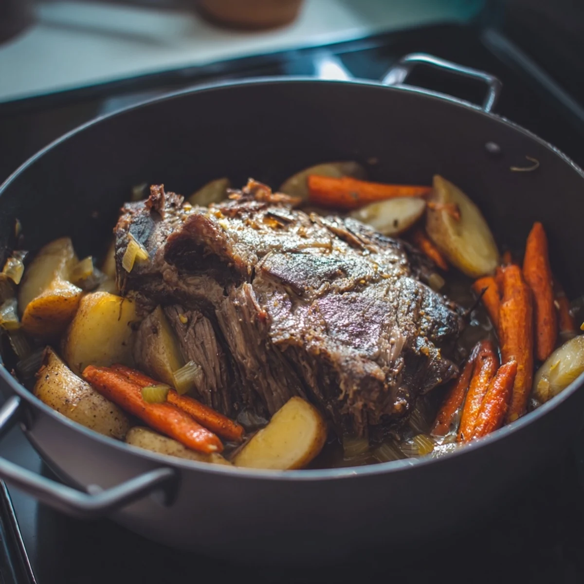 Warm, appetizing photo: A Dutch oven brimming with flavorful Slow-Roasted Beef Pot Roast, ready to serve.