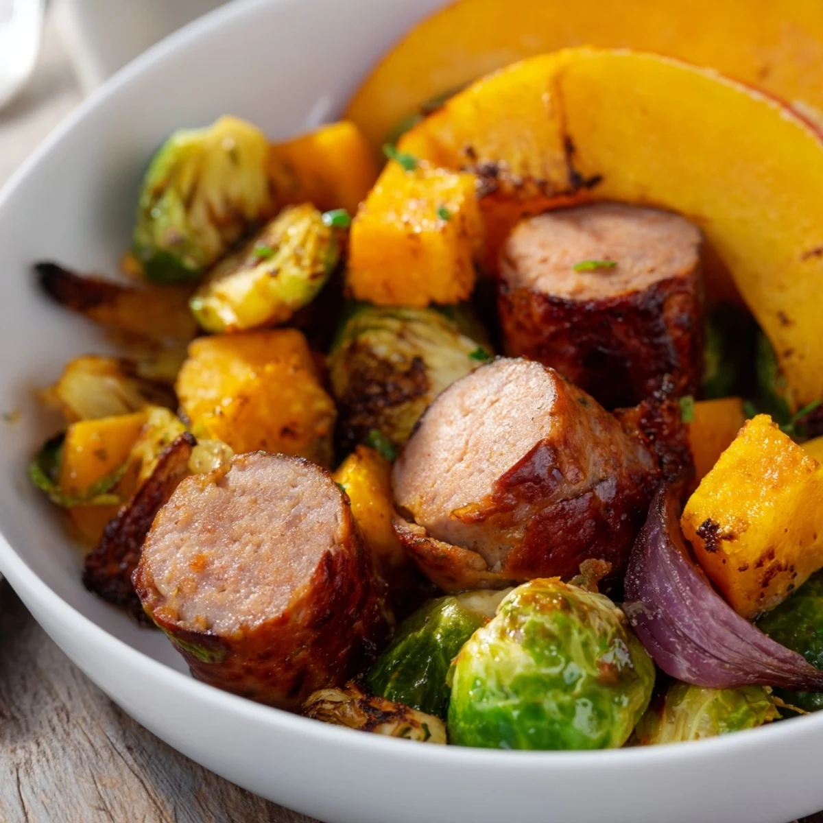 Hearty Sheet Pan Sausage and Autumn Veggie Medley, a colorful and delicious one-pan fall dinner.