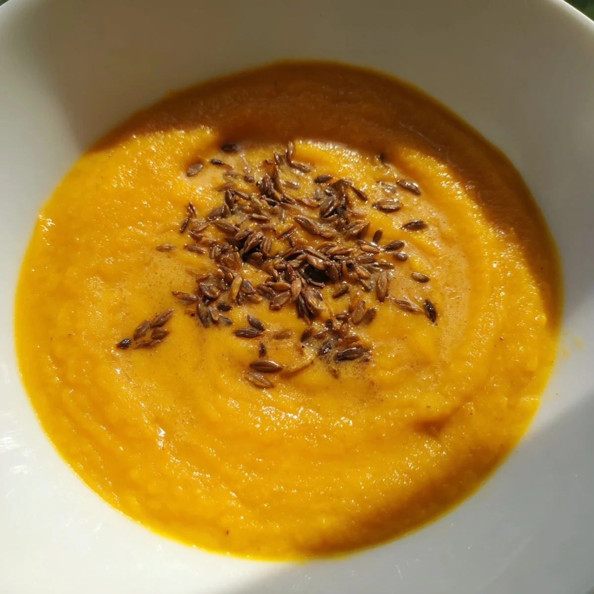 Golden Creamy Roasted Pumpkin Soup swirled in a bowl, topped with toasted, crunchy seeds.