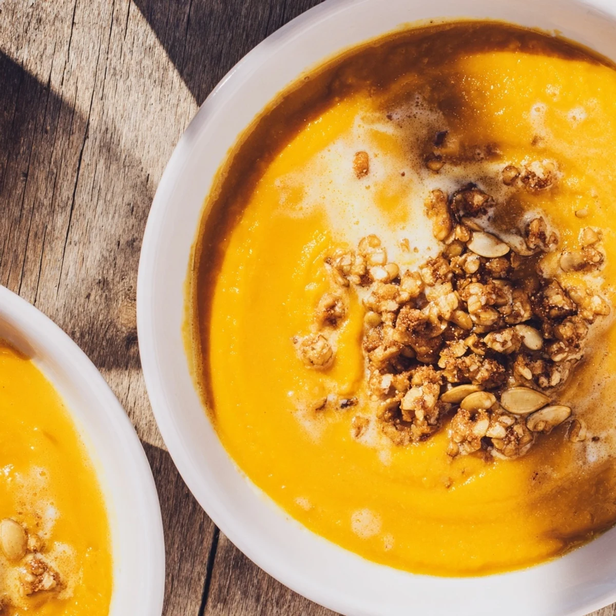 A comforting bowl of creamy roasted pumpkin soup, perfect for a cozy fall day, garnished with seeds.