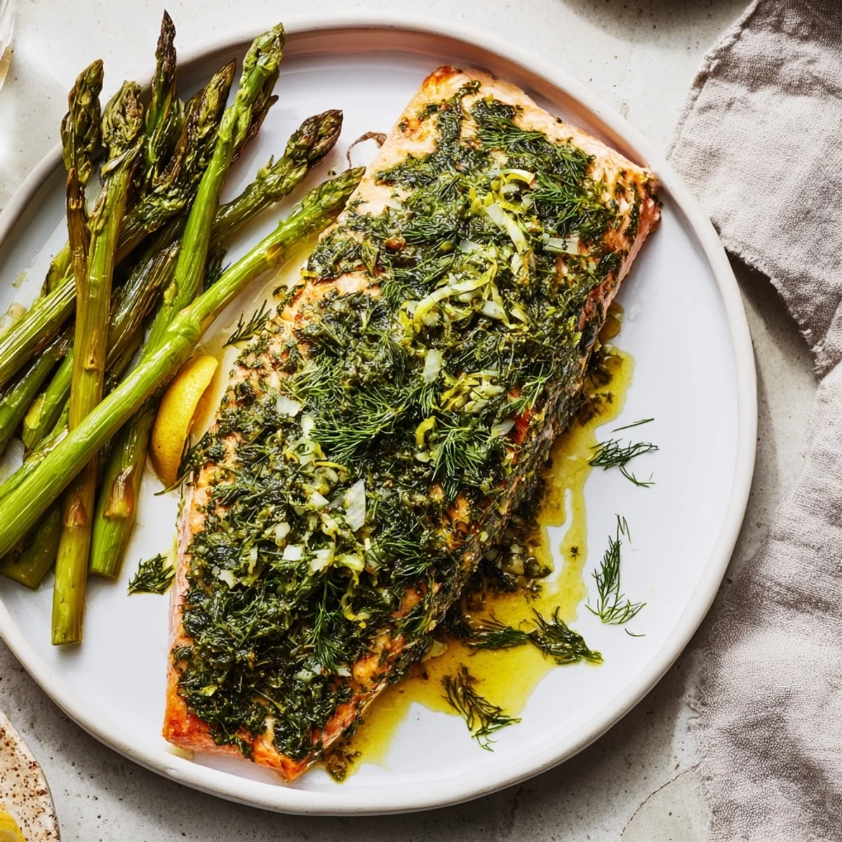 Vibrant herb-crusted salmon with roasted asparagus, a delicious and healthy weeknight dinner ready.