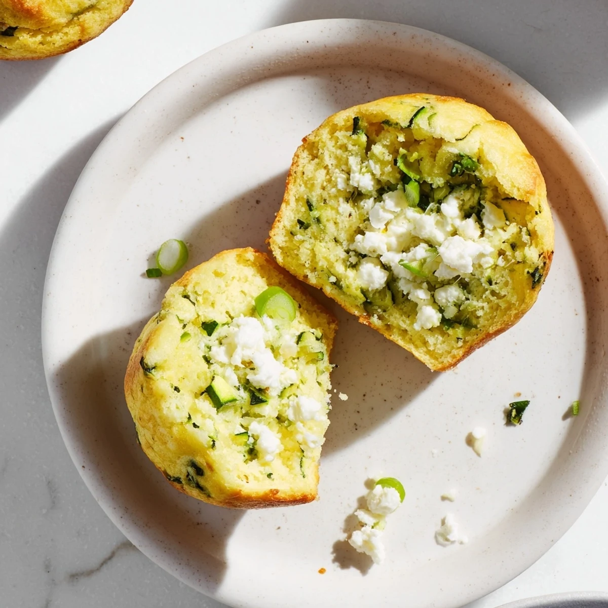 Freshly baked, fluffy Savory Zucchini and Feta Muffins, speckled with feta and herbs—a delicious lunchtime treat.