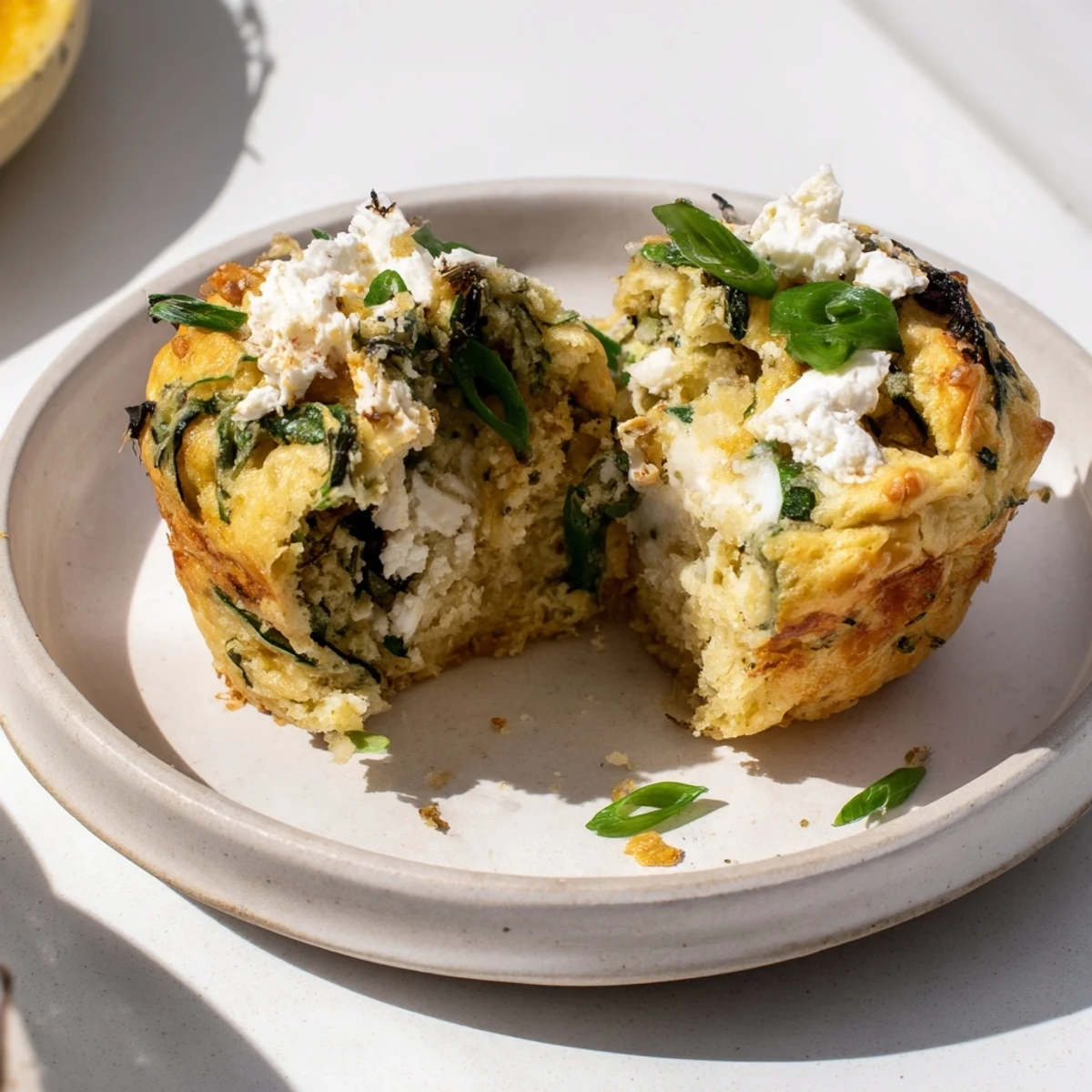 Close-up of a warm Savory Zucchini and Feta Muffin; imagine the tangy feta with fresh zucchini.