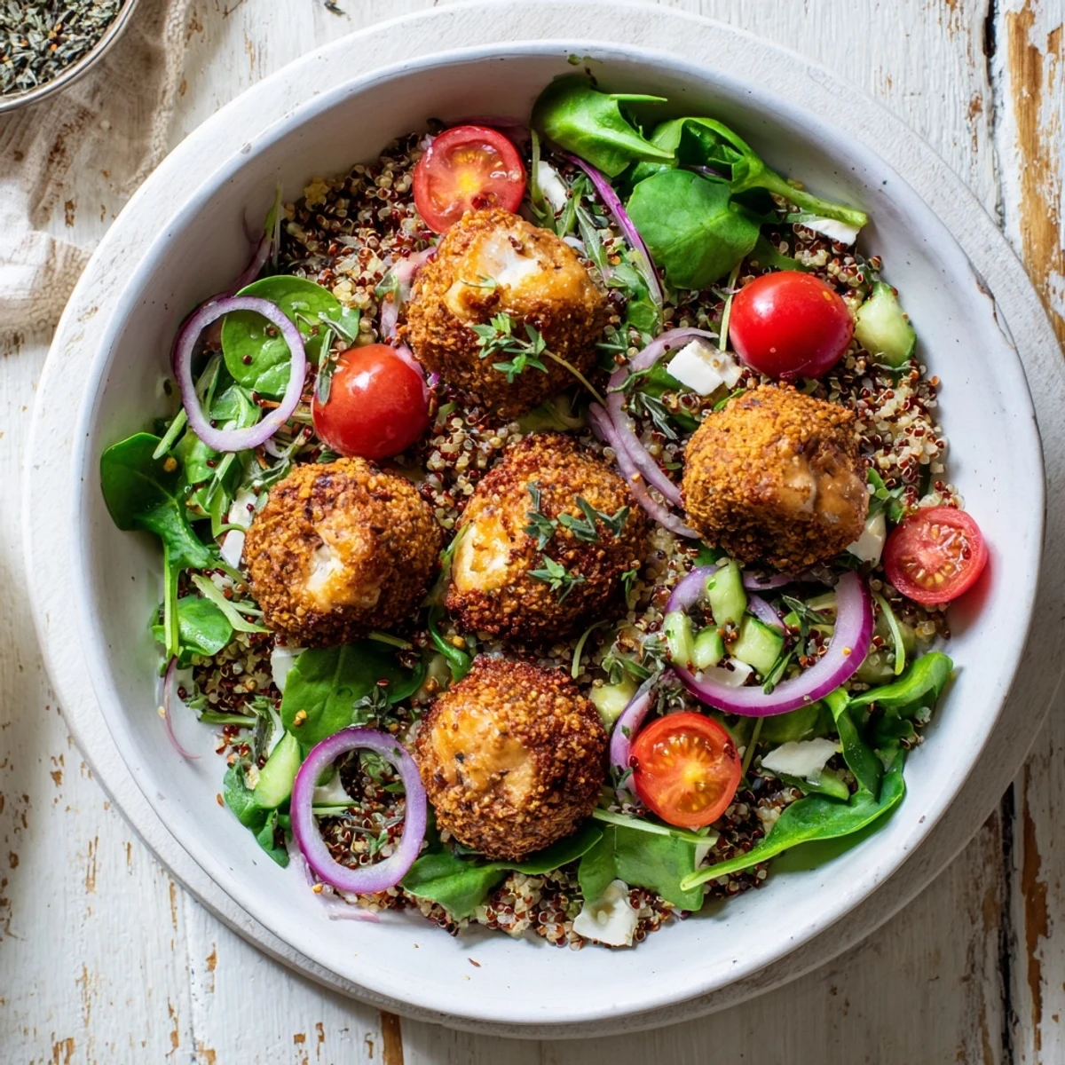 Mediterranean Grain Bowl, a close-up of colorful ingredients like roasted chickpeas and crumbled feta.