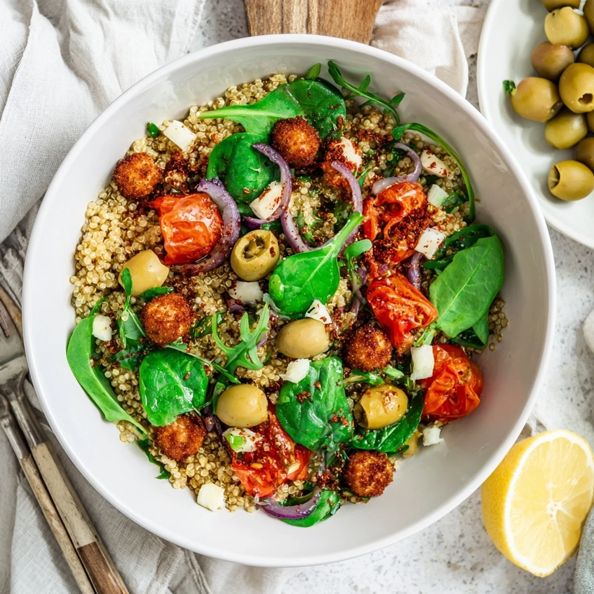 A hearty Mediterranean Grain Bowl, featuring fluffy grains, fresh veggies, and a drizzle of olive oil.