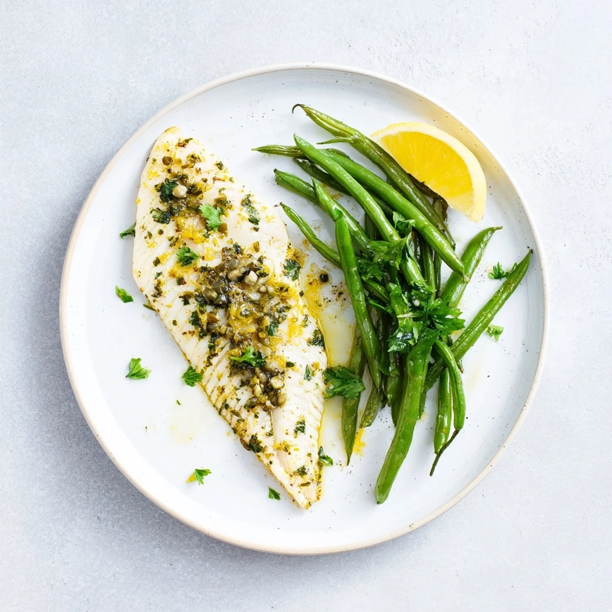 A close-up view of Sheet Pan Lemon Herb Tilapia and Green Beans, looking delicious and easy to prepare.