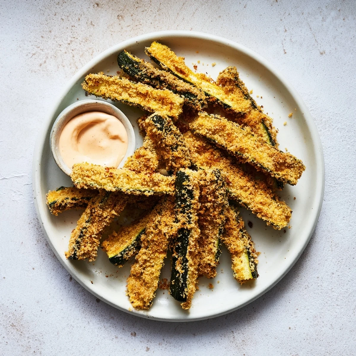 Golden-brown crispy Parmesan zucchini fries with a creamy dipping sauce, ready to enjoy.