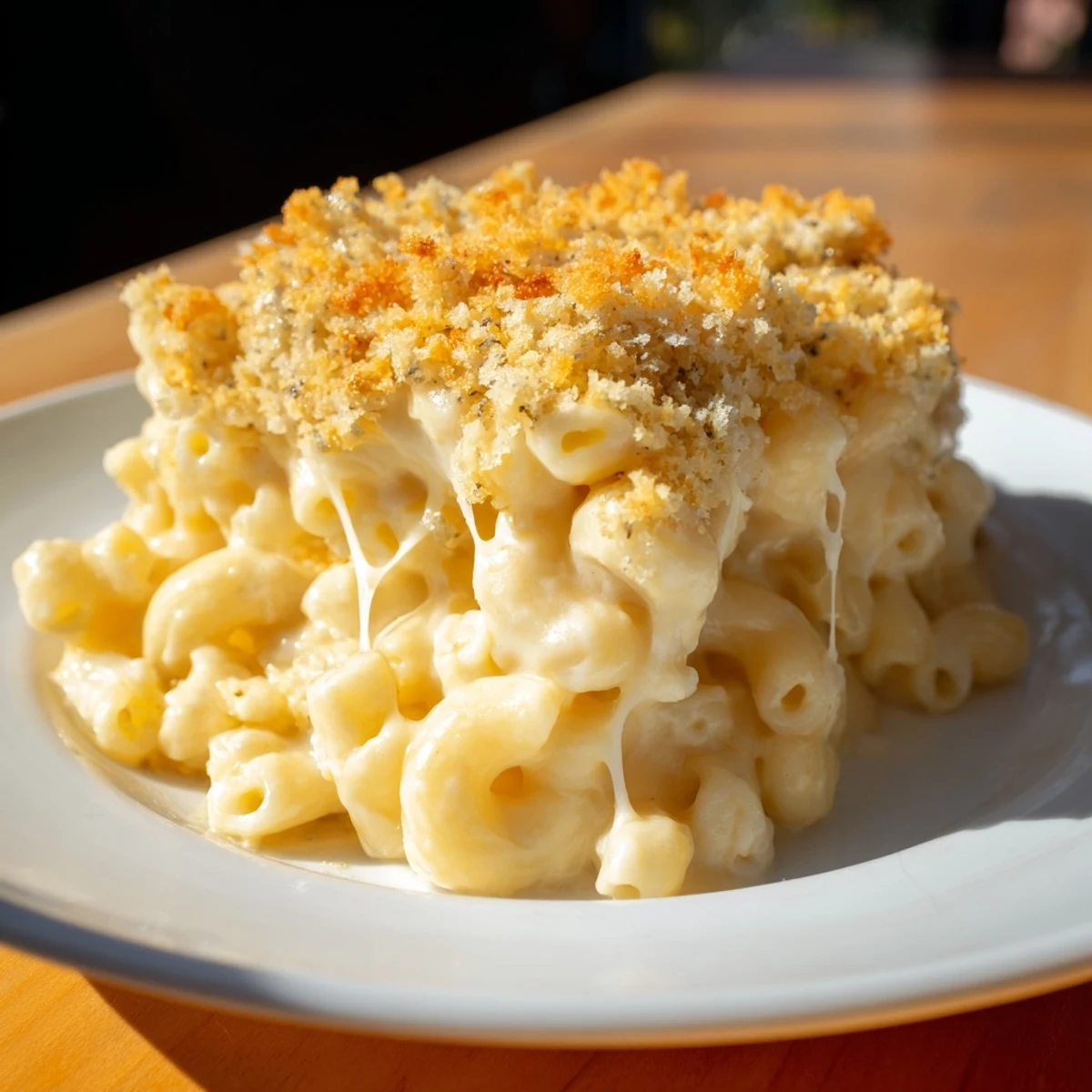 Golden and bubbly, this classic oven-baked macaroni and cheese promises a delicious, cheesy bite.