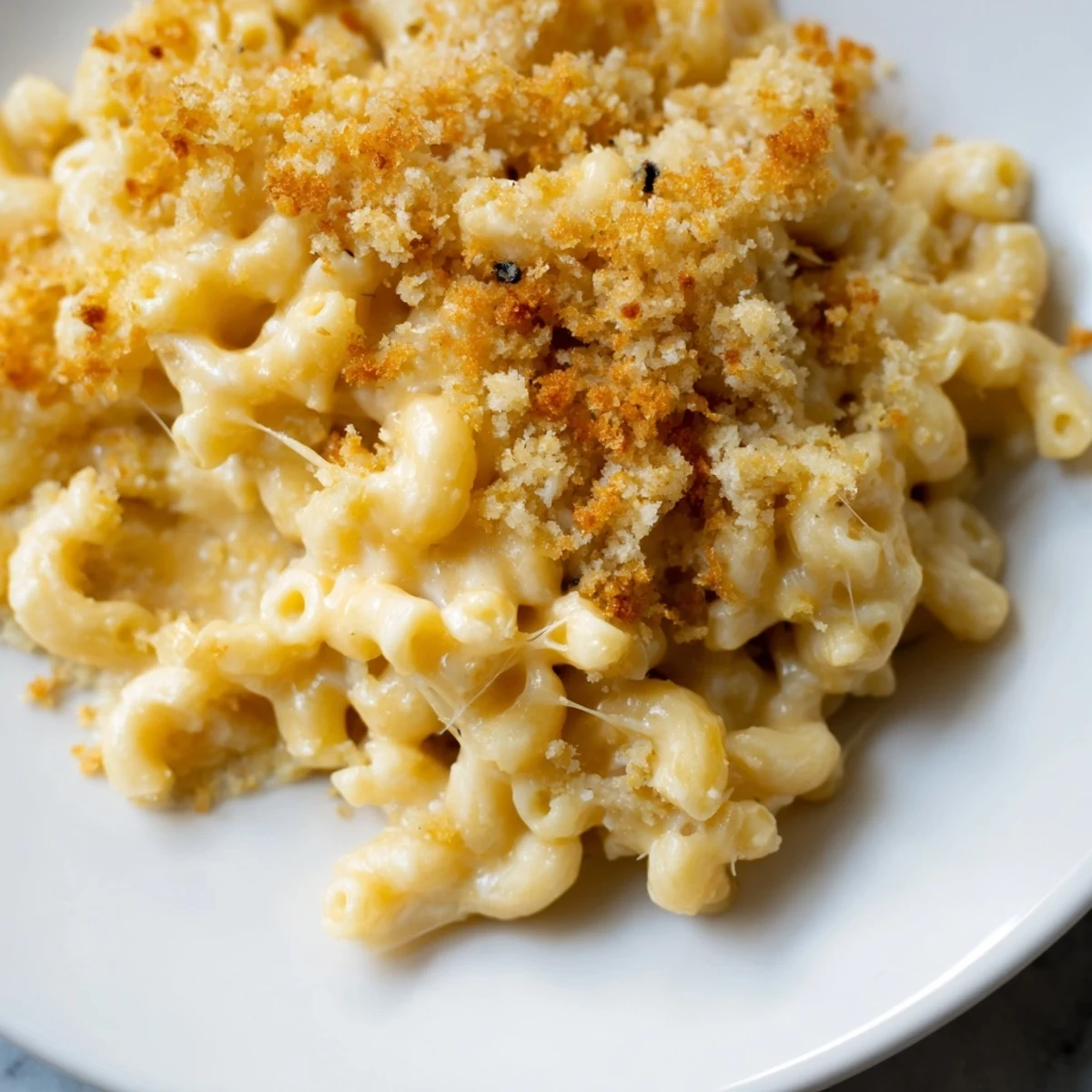 A generous dish of homemade macaroni and cheese, boasting a crispy, golden breadcrumb topping.