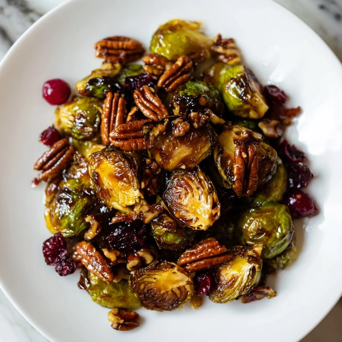Golden, crispy Winter Roasted Brussels Sprouts, glistening with sweet balsamic glaze, ready to serve.