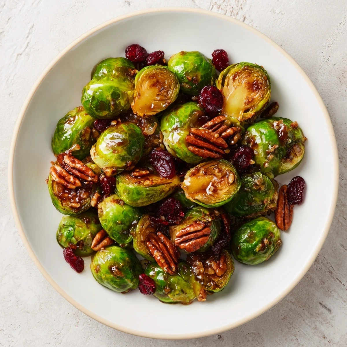 Tender, caramelized Winter Roasted Brussels Sprouts topped with toasted pecans: a savory and sweet side.