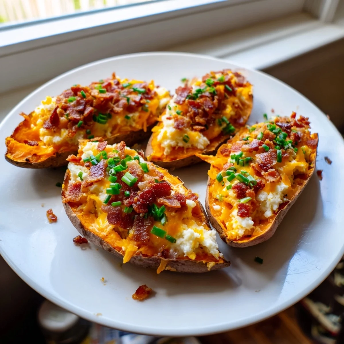 Golden brown, crispy loaded sweet potato skins brimming with cheesy filling and crumbled bacon.