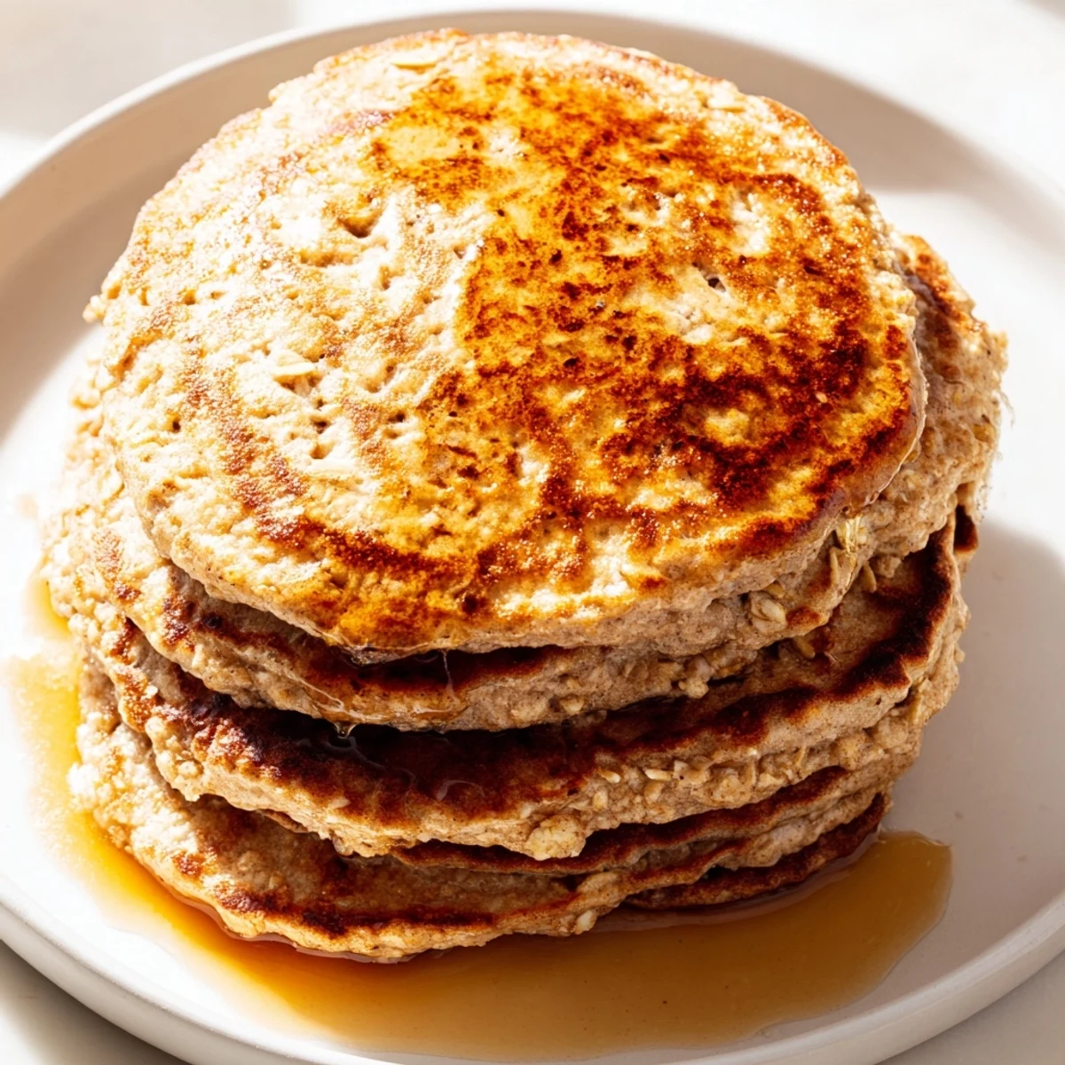 Golden-brown banana oat pancakes stacked high, a delicious and easy American breakfast to start your day.