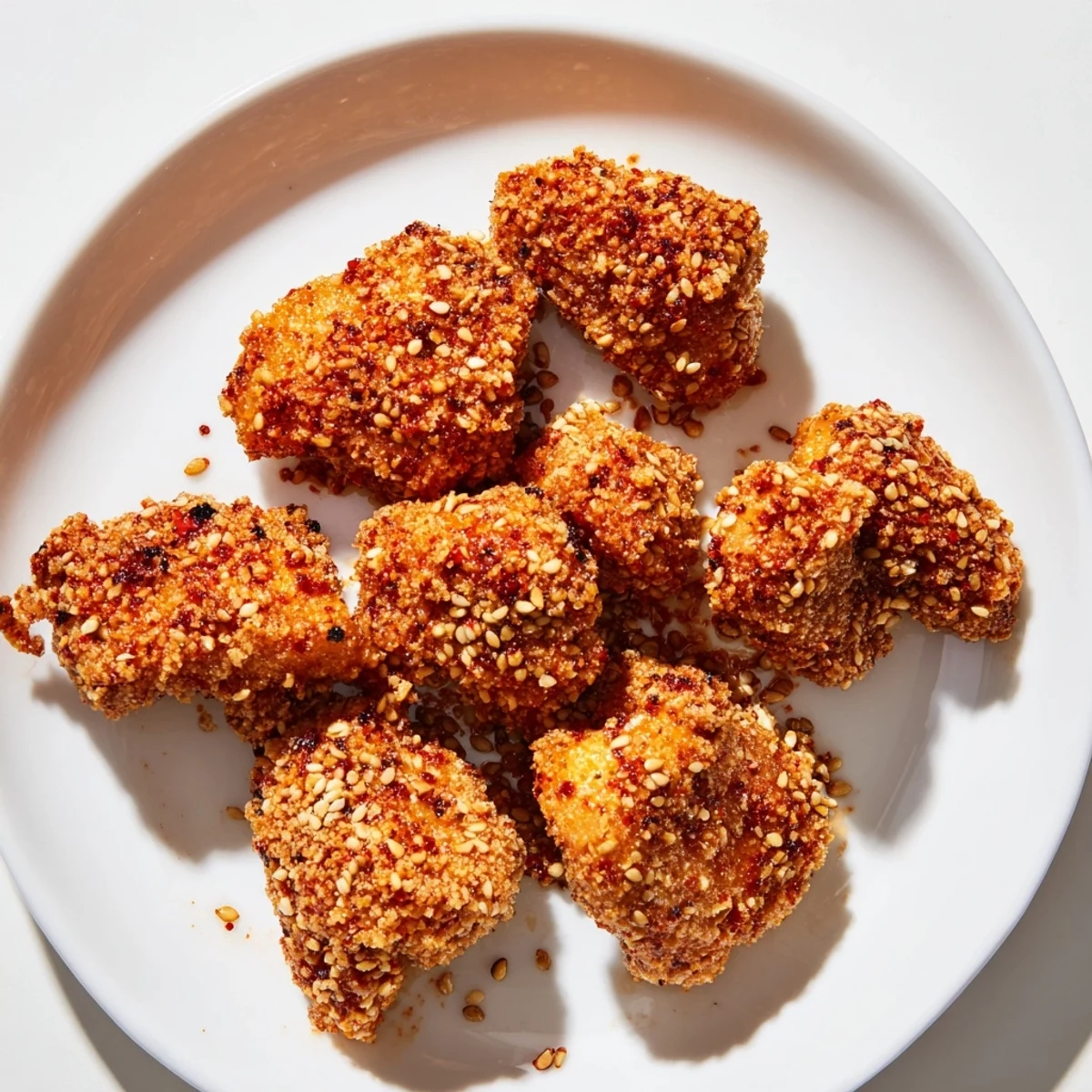 Appetizing Spicy Yogurt Chicken Bites, coated in sesame seeds, ready to be enjoyed as a snack.