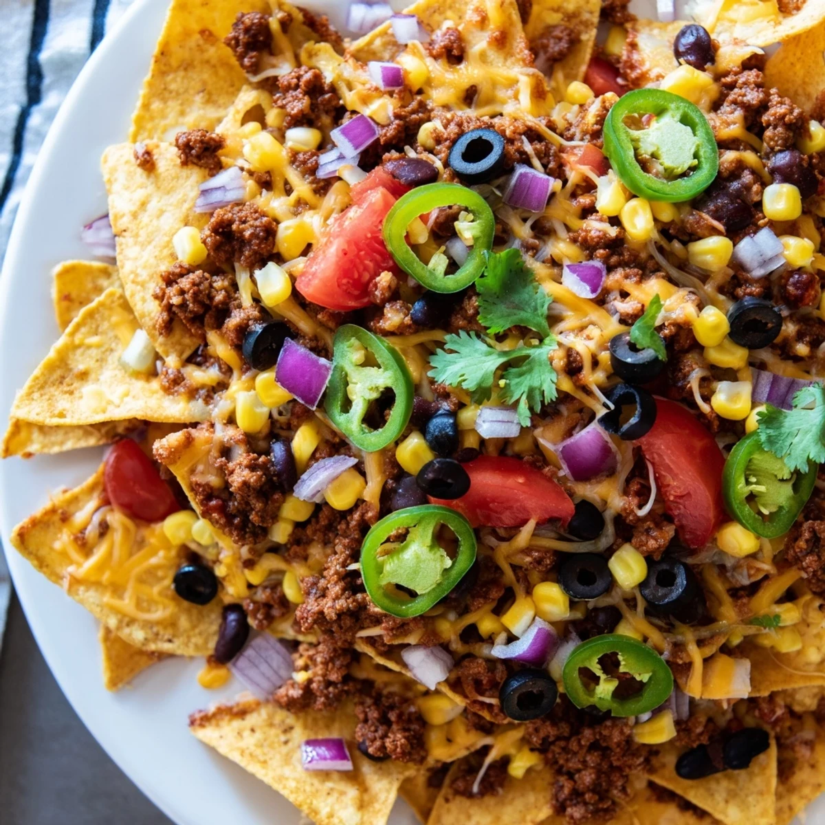 Golden, bubbly Easy Sheet-Pan Nachos with a melty cheese layer and savory ground beef visible.