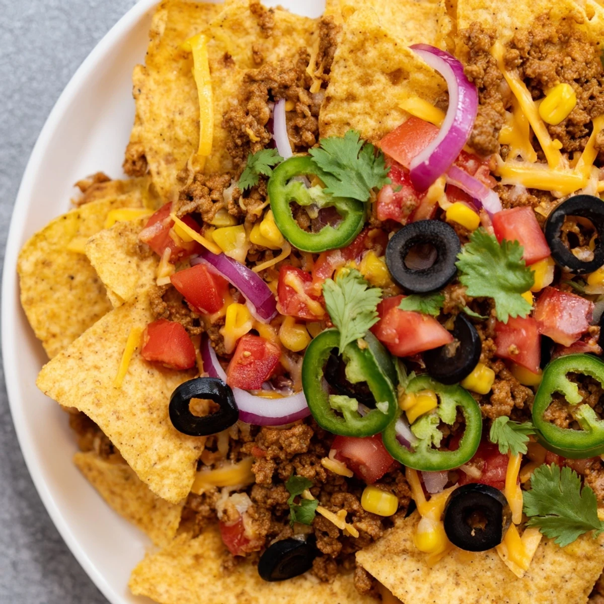 Close-up of baked Easy Sheet-Pan Nachos: loaded tortilla chips with colorful toppings and melted cheese.