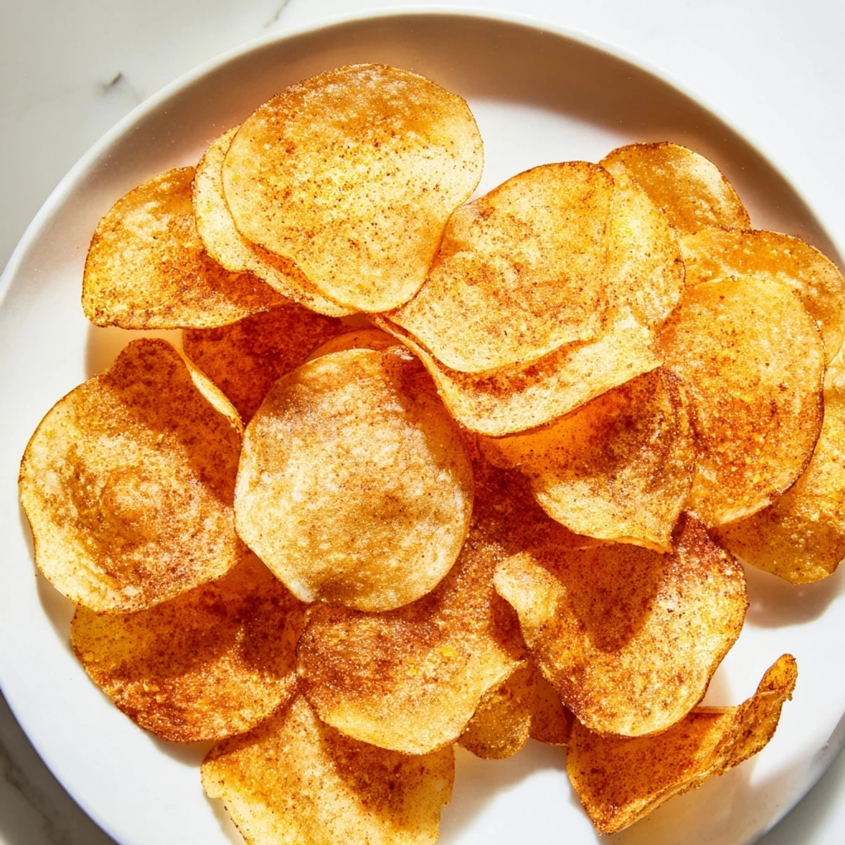 Golden, crispy air-fryer potato chips are stacked, ready to enjoy this classic snack.