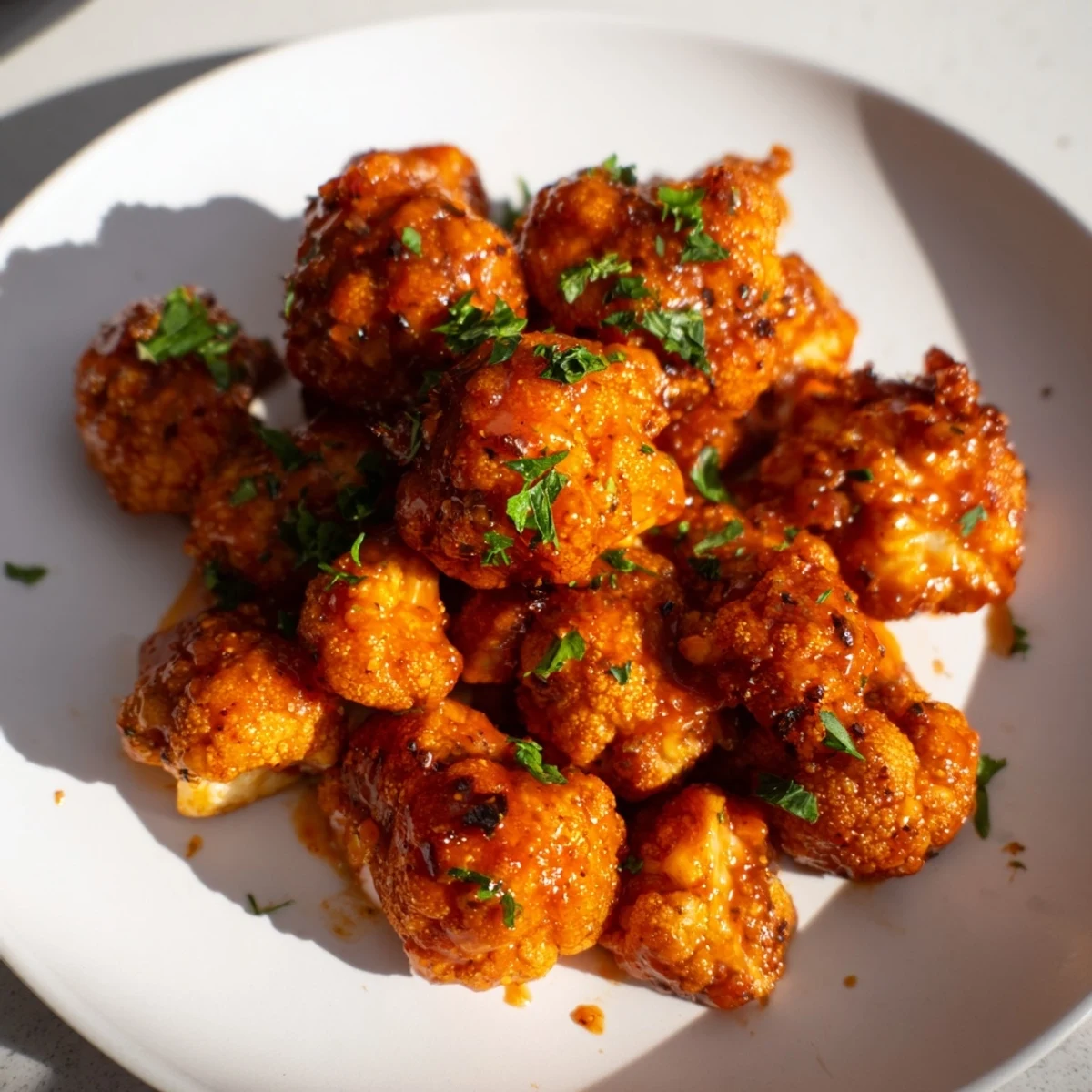 Golden, crispy Sriracha-Buffalo Cauliflower Bites tossed in a flavorful, shiny glaze, ready to enjoy.