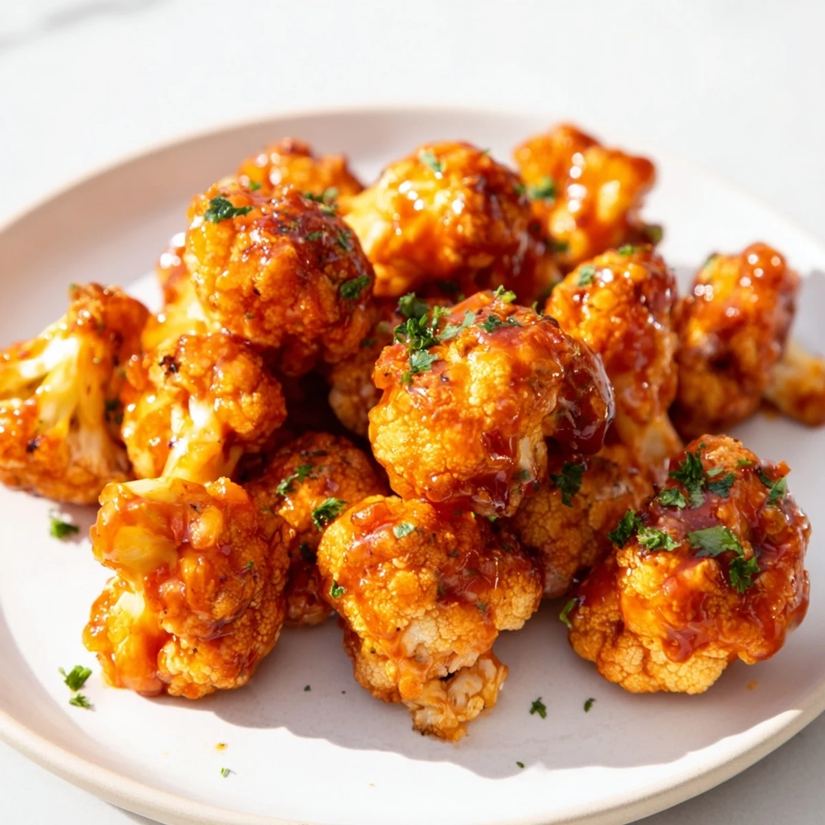Baking sheet of perfectly sauced Sriracha-Buffalo Cauliflower Bites with optional fresh herbs and dipping sauce.