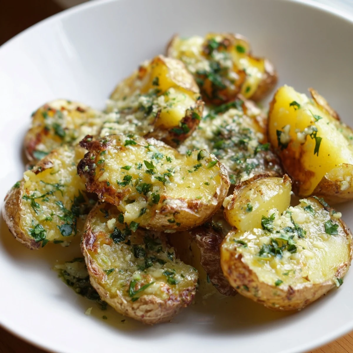 Golden-brown Parmesan smashed potatoes with crispy edges, ready to enjoy as a flavorful American side.