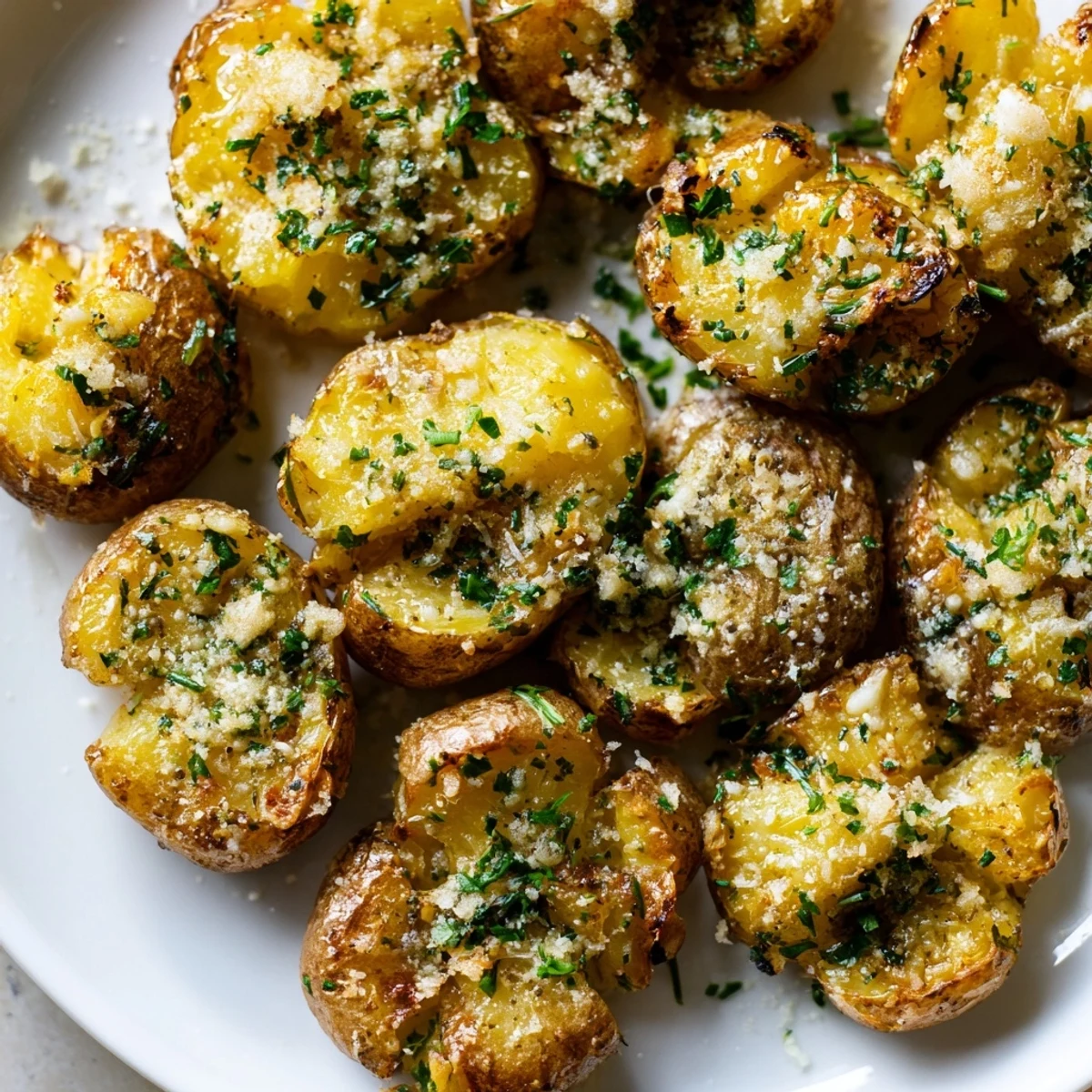 A close-up of buttery, crispy Parmesan smashed potatoes, showcasing a delicious vegetarian meal.