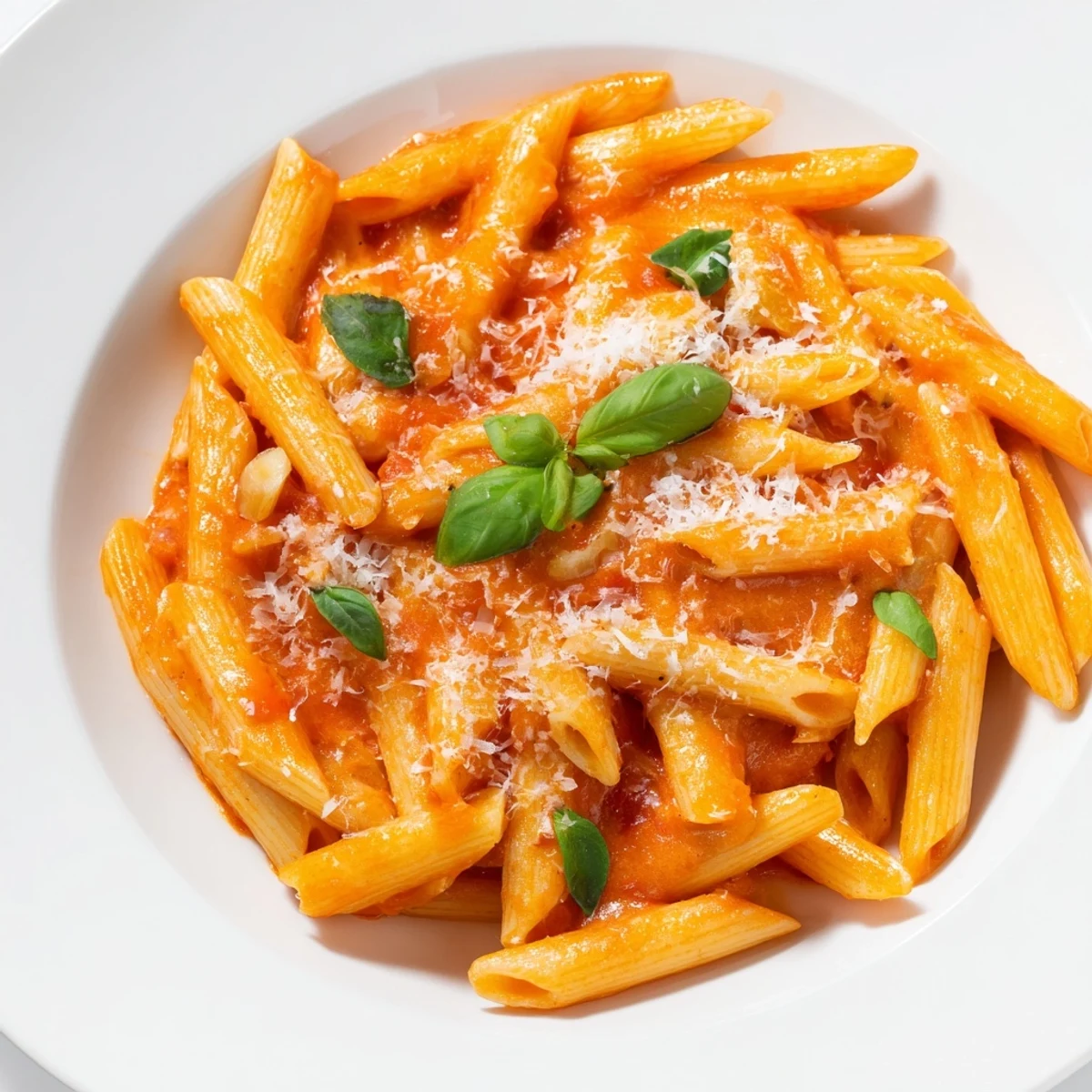 One-pot creamy tomato pasta with fresh basil, steaming, ready to serve with Parmesan.