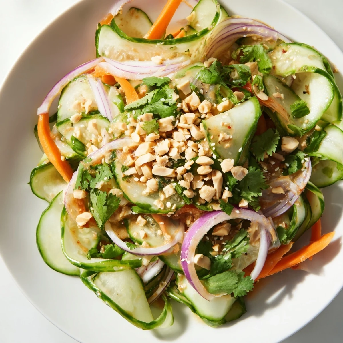 A vibrant close-up of Thai-Style Peanut Cucumber Salad, tossed in a creamy, flavorful dressing.