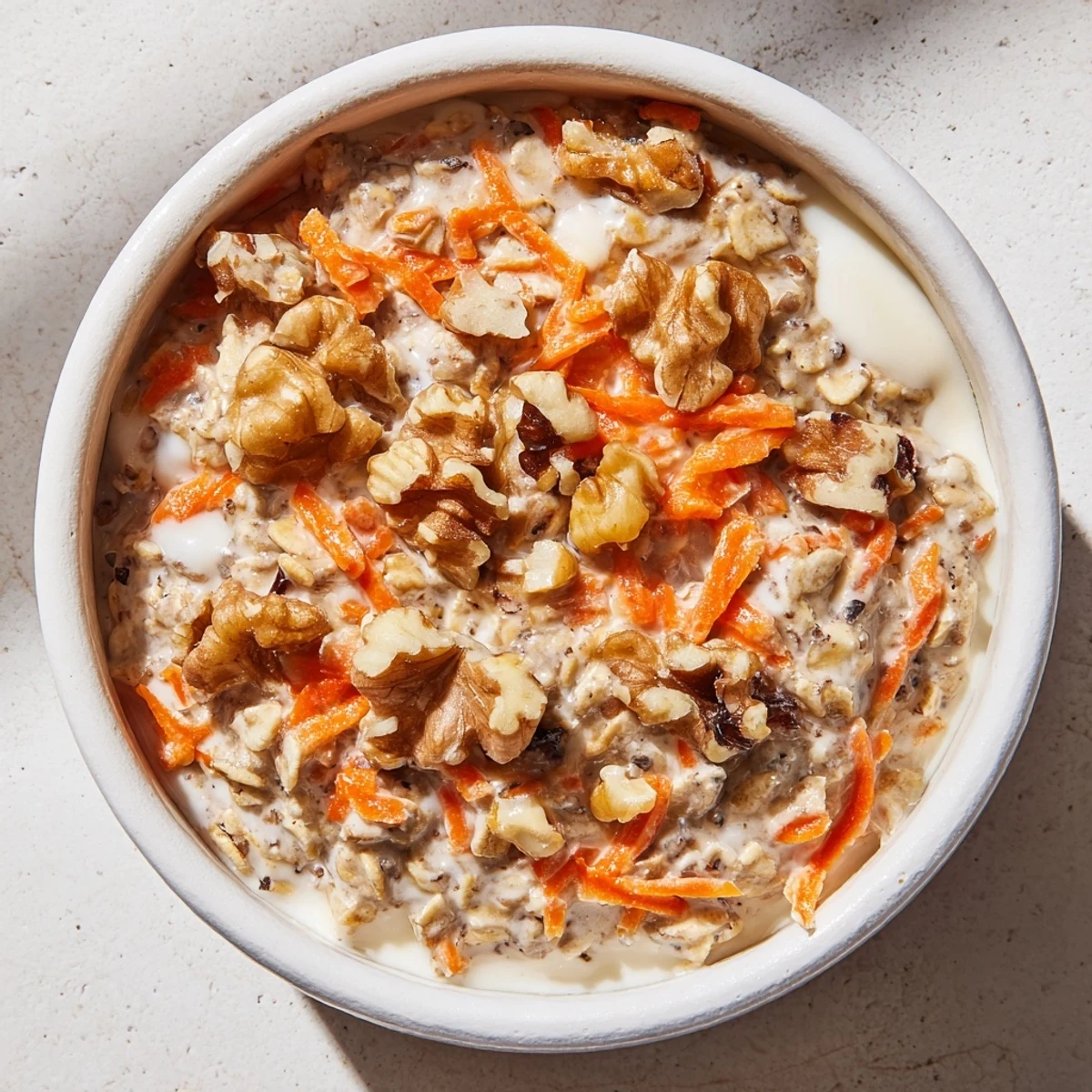 Creamy Carrot Cake Overnight Oats, chilled and ready for a delicious, healthy breakfast.