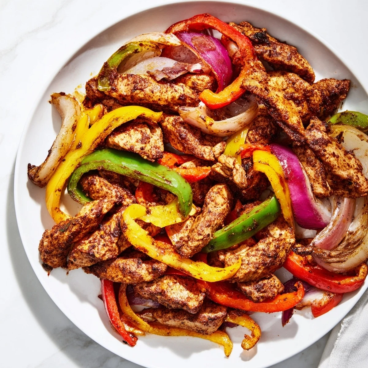 Sizzling sheet pan chicken fajitas, a quick and easy Tex-Mex dinner, served with warm tortillas and fresh toppings.