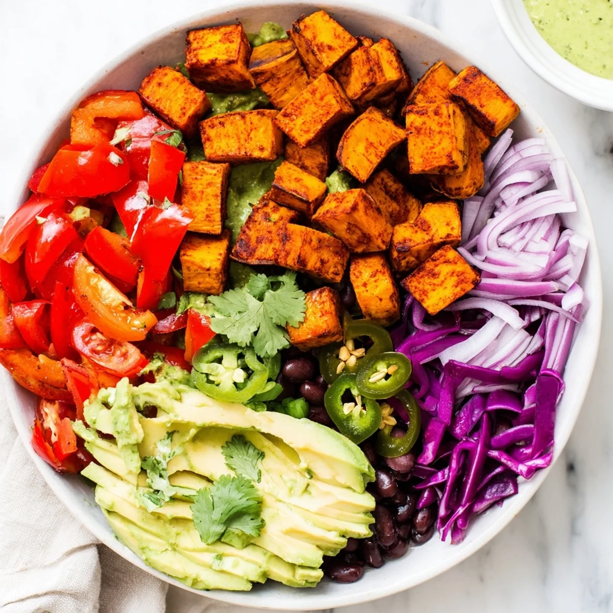 Golden roasted sweet potatoes and colorful veggies in a vibrant Sweet Potato Taco Bowl.