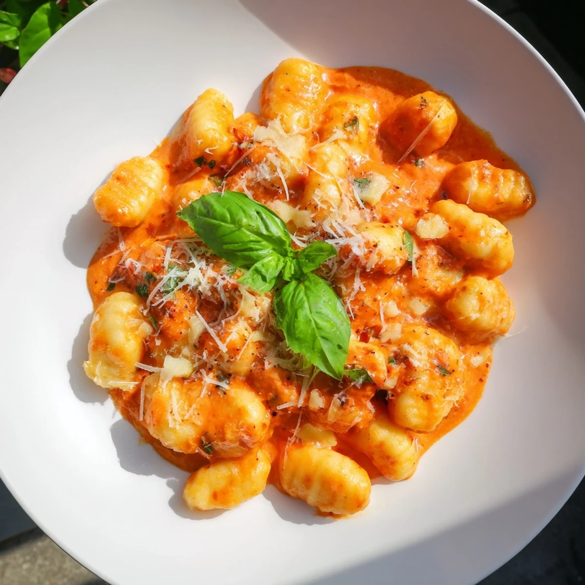 A steaming bowl of Creamy Tomato Gnocchi with fresh basil, ready to eat.