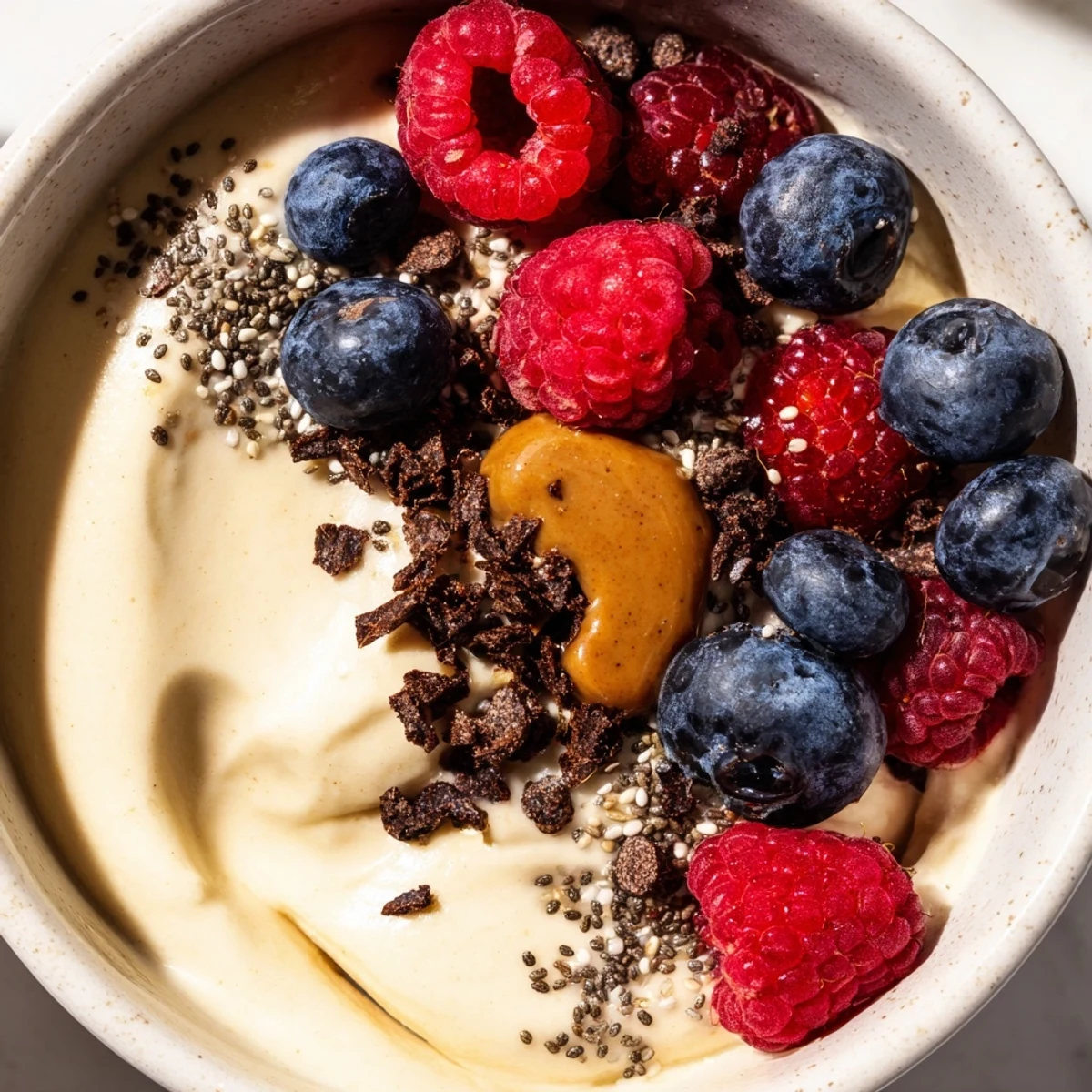 Creamy Protein Ice Cream Bowl, swirled with fresh berries, perfect for a guilt-free dessert.