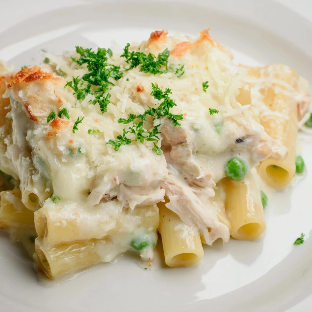 Golden, tender Slow Cooker Chicken Alfredo Pasta Bake with perfectly cooked pasta and melted mozzarella, ready to serve.