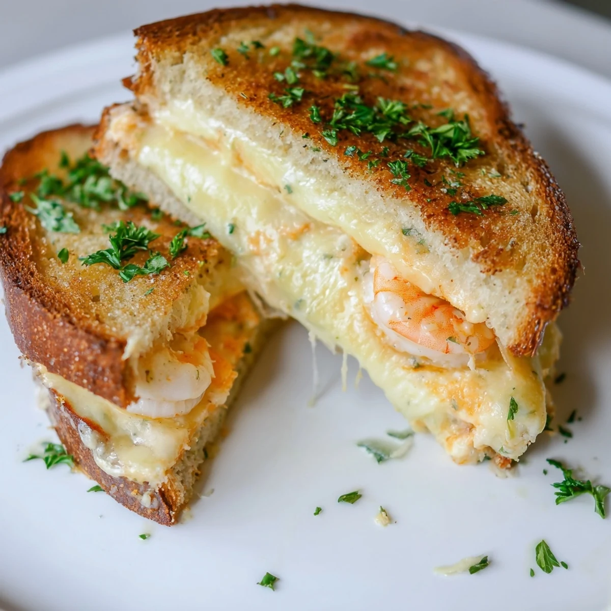 Quick Shrimp Grilled Cheese, golden-brown and oozing cheese, a delicious, easy American comfort food.