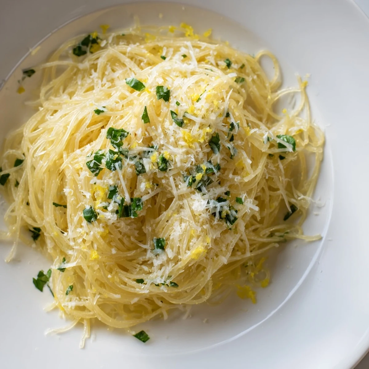 Silky Lemon Capellini pasta tossed in a bright sauce, garnished with fresh herbs and zest.