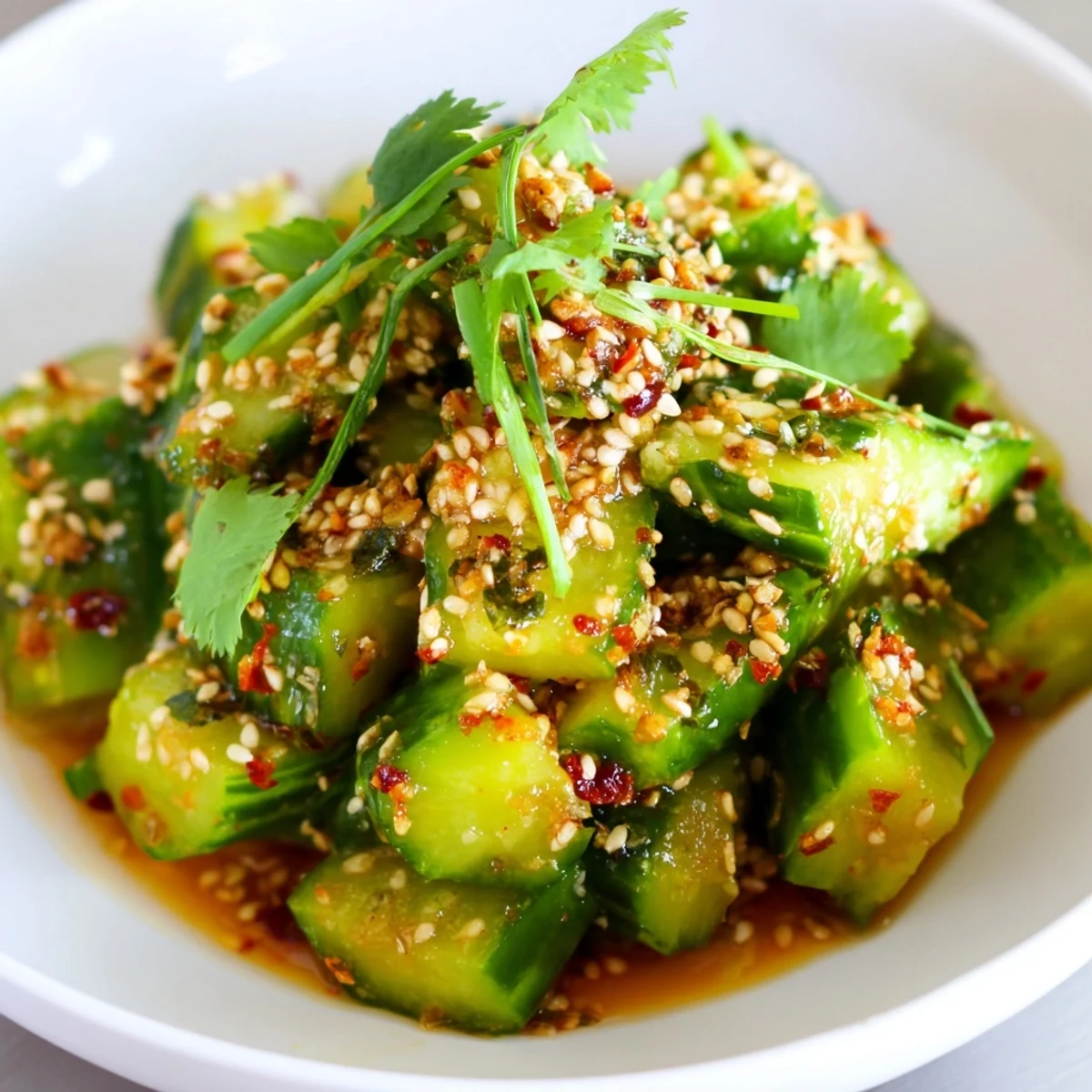 Cool, crunchy Chinese Spicy Smashed Cucumber Salad: a perfect vegan dish, boasting a chili-garlic dressing.