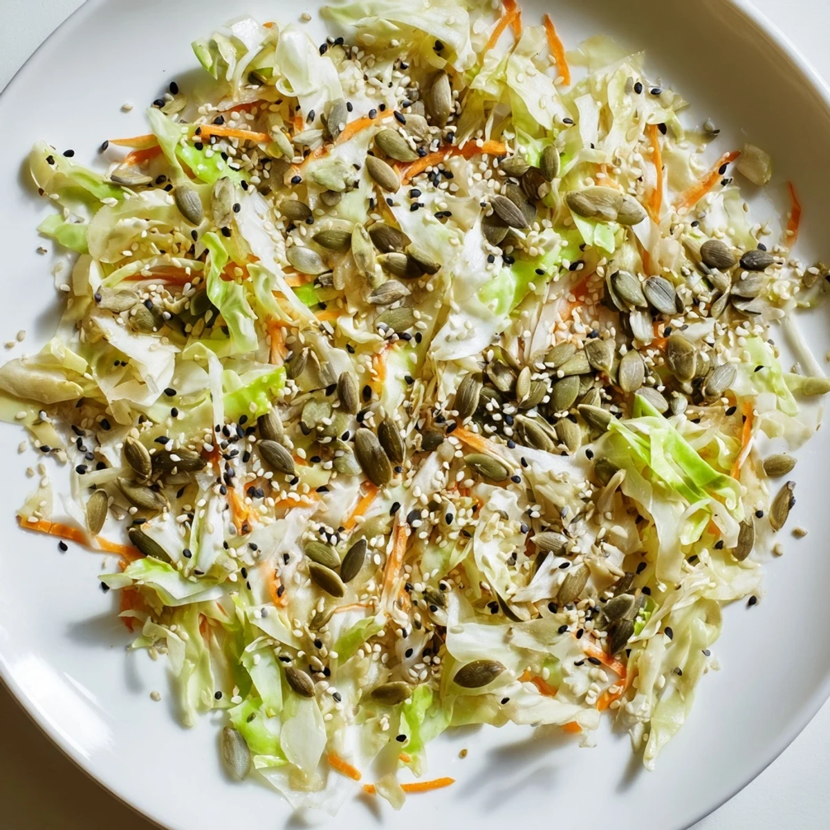 Fresh Cabbage-Core Slaw Salad, a colorful mix of crunchy vegetables with sesame dressing, ready to enjoy.