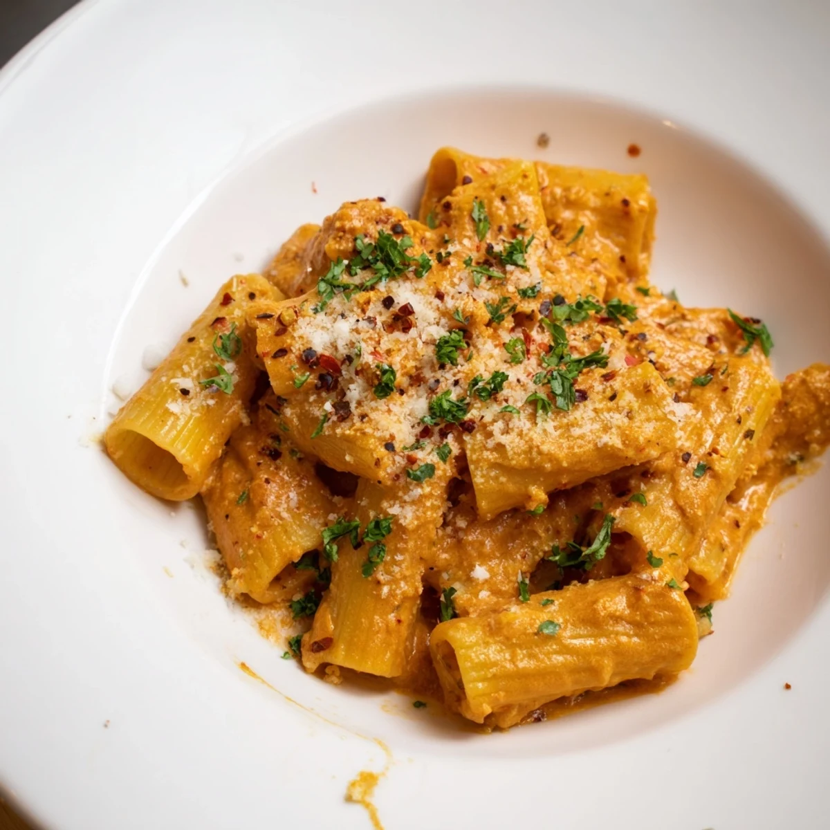 Gigi Hadid-Style Spicy Rigatoni, a vibrant pasta dish coated in creamy, flavorful tomato-vodka sauce, ready to serve.