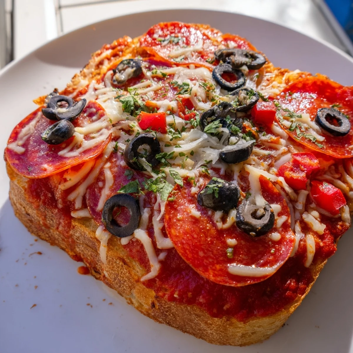 Air Fryer Pizza Toast, topped with melted cheese, pepperoni, and a dusting of herbs, looks incredibly delicious.