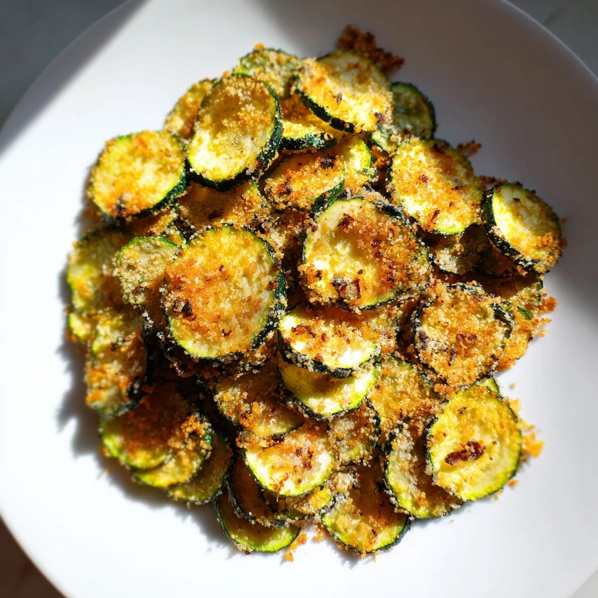 Close-up of crispy, golden zucchini chips, perfect served as a side or snack.