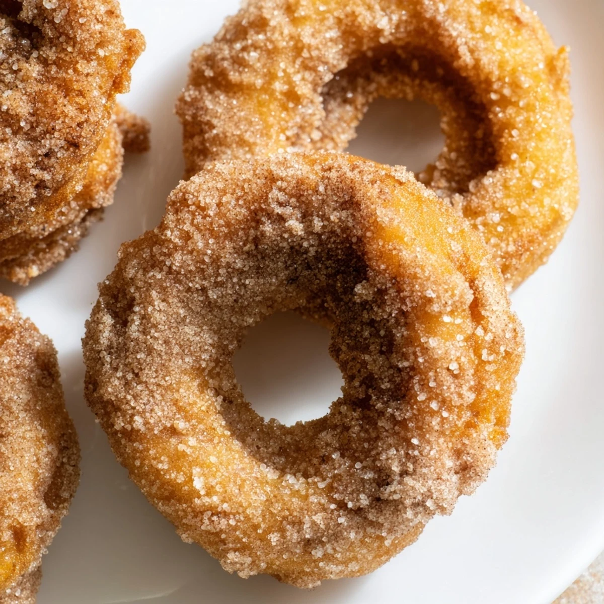 Perfectly air-fried 1-Minute Donuts, with a crisp golden exterior and coated with sweet cinnamon sugar.