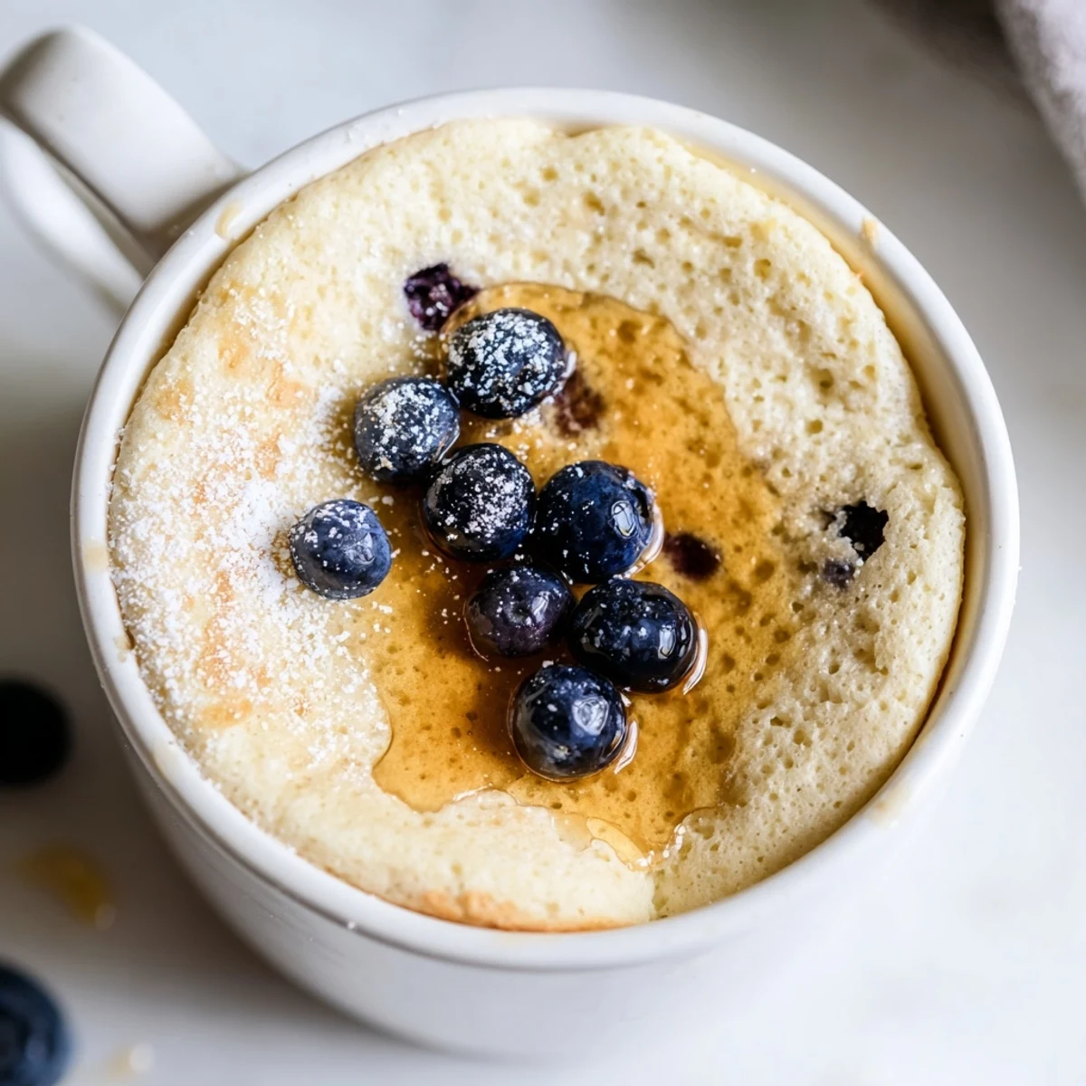 Fluffy microwave mug pancakes, golden brown and drizzled with maple syrup, ready to eat.