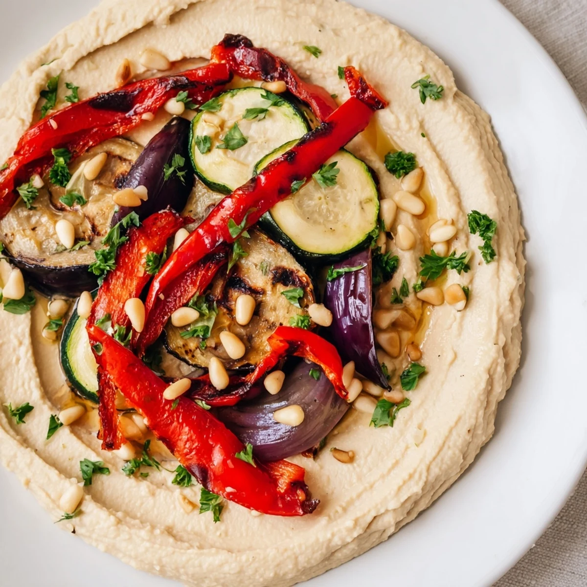 Hummus Roasted Veggies, a colorful presentation of charred vegetables on creamy, whipped hummus, delicious!