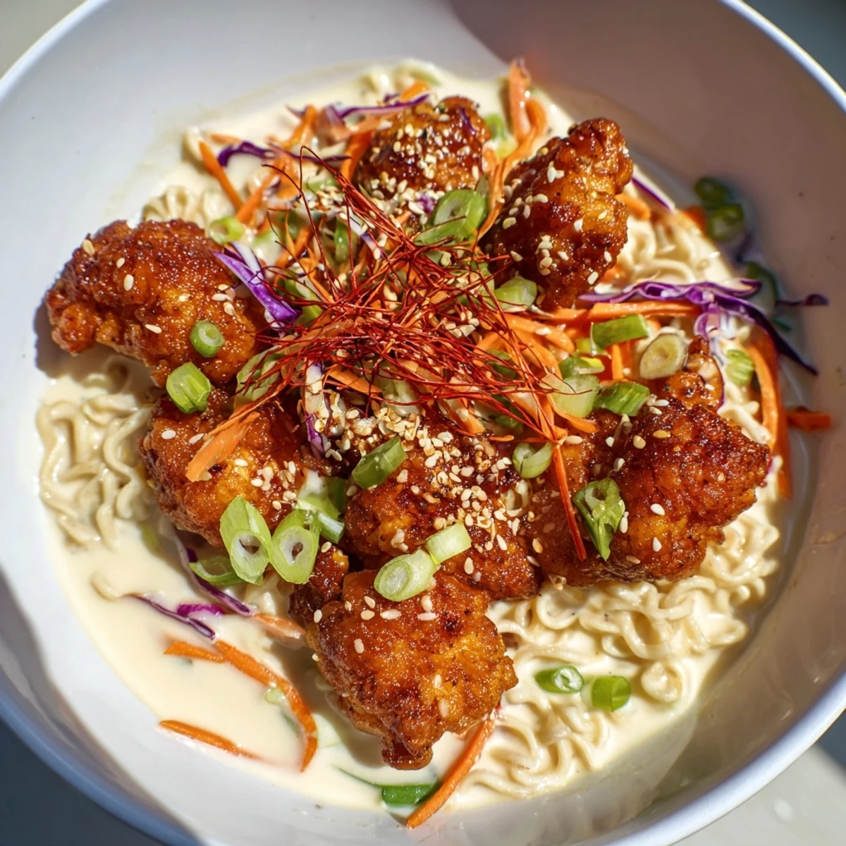 This visually appetizing photo showcases steaming bowls of buffalo cauliflower ramen with vibrant toppings, ready to enjoy.