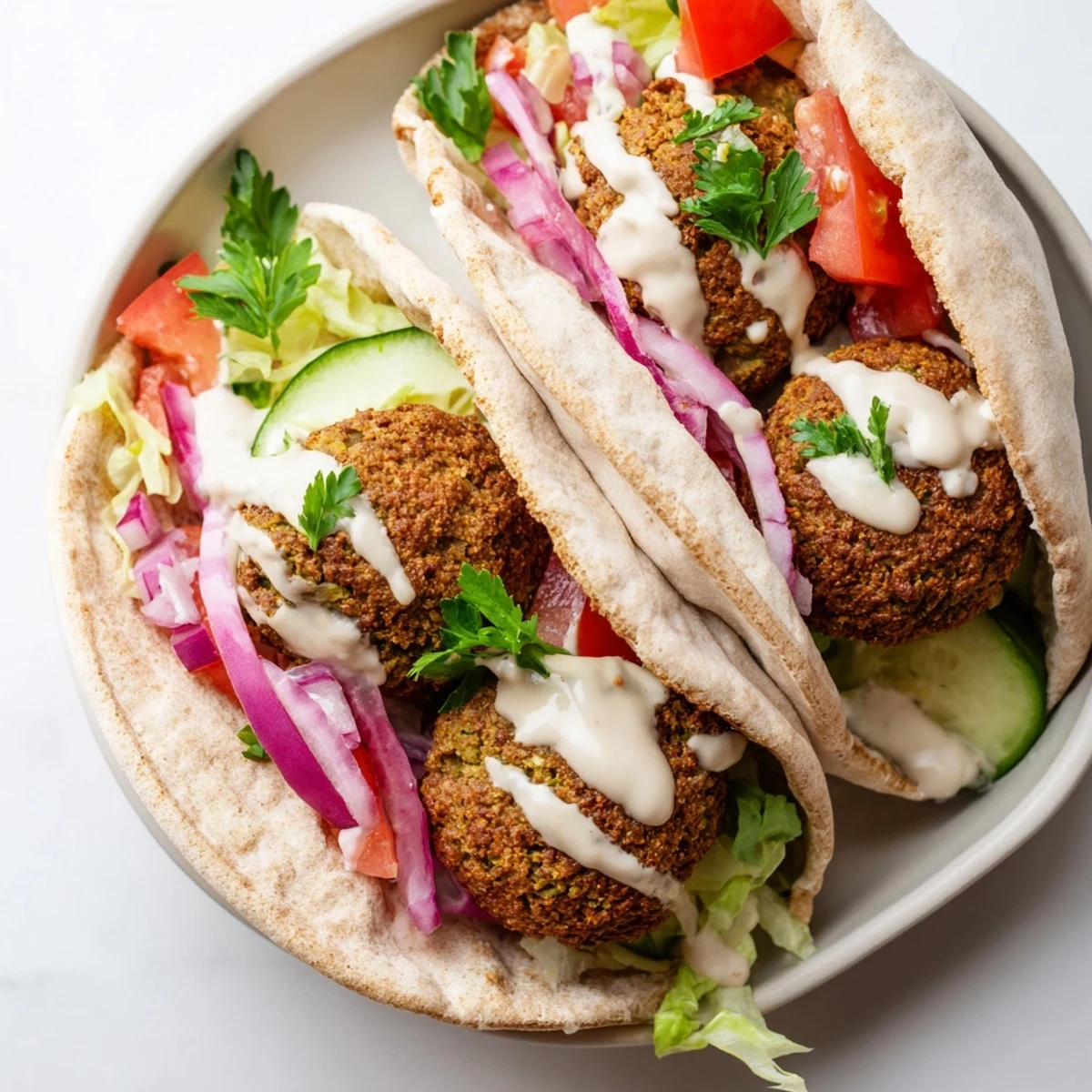 Crispy falafel pita pocket bursting with fresh vegetables and creamy tahini, a satisfying vegetarian meal.