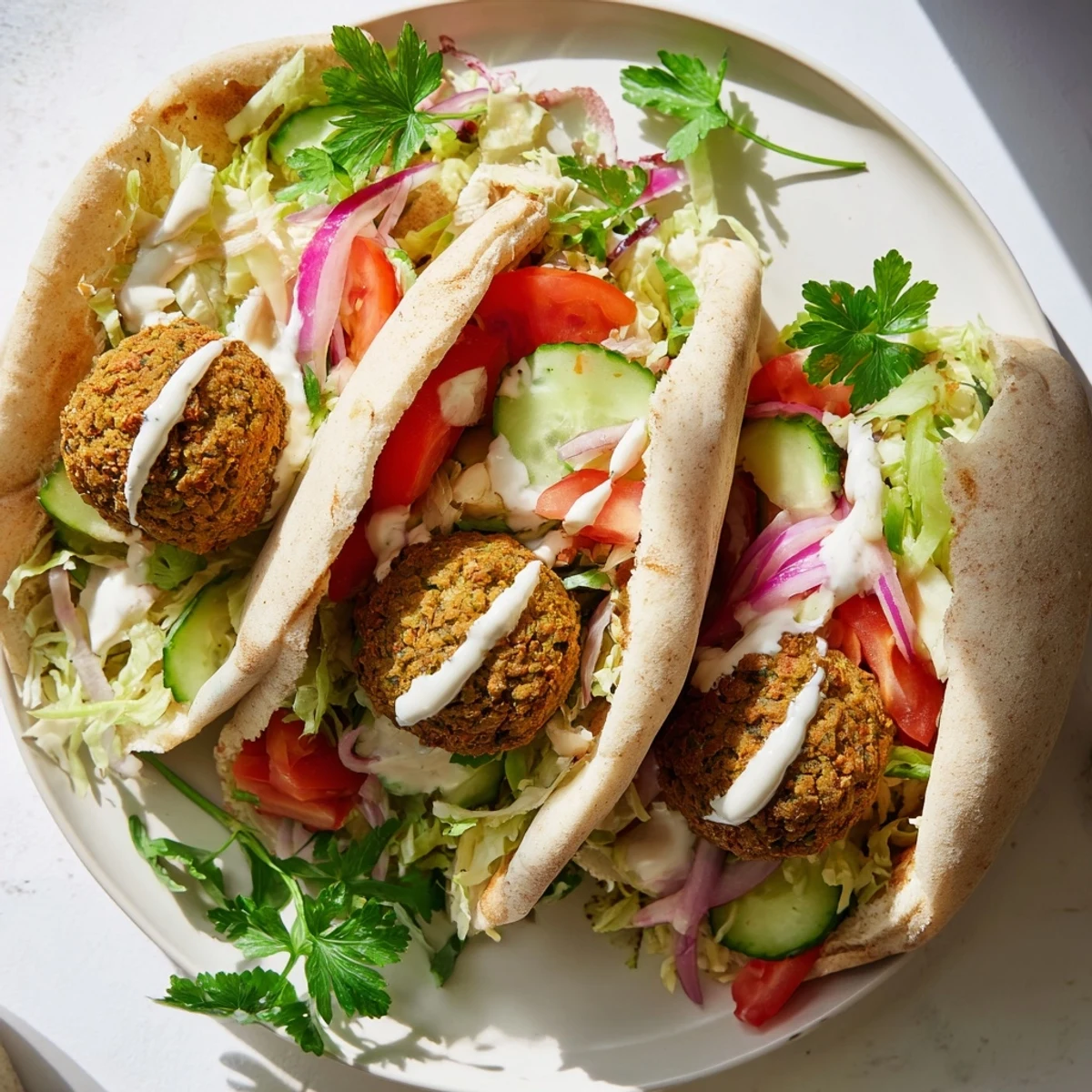 Golden-brown falafel nestled in a pita, alongside bright lettuce, tomato, and cucumber; a delicious pita pocket.