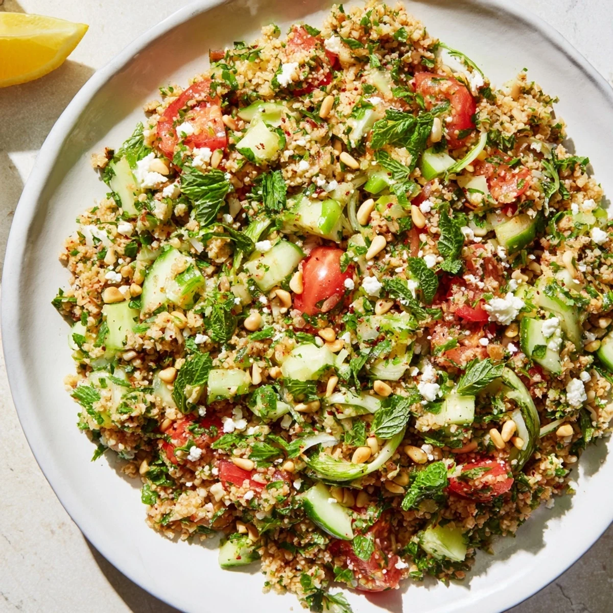 Fresh, colorful tabbouleh grain bowl bursting with bright tomatoes, herbs, and lemon dressing.