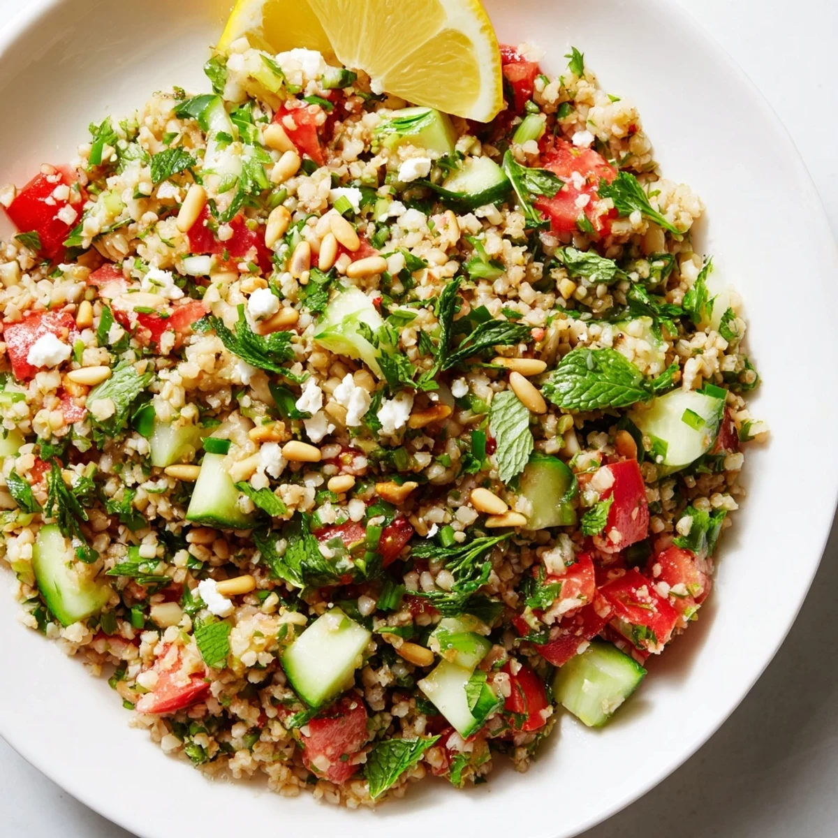 A close-up shot of a refreshing tabbouleh grain bowl, ready to enjoy with toasted pine nuts.