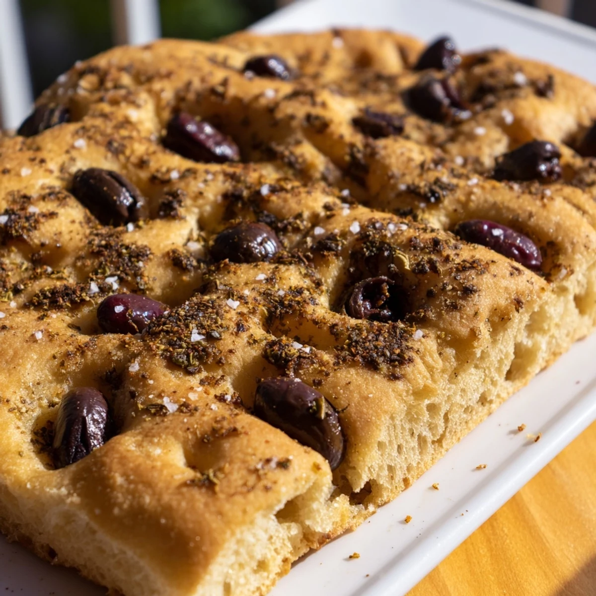Golden brown Zaatar Olive Focaccia, fresh from the oven, ready to share with friends and family.